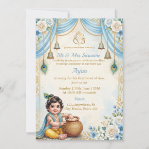 Blue Krishna Theme Rice Feeding Ceremony Invite