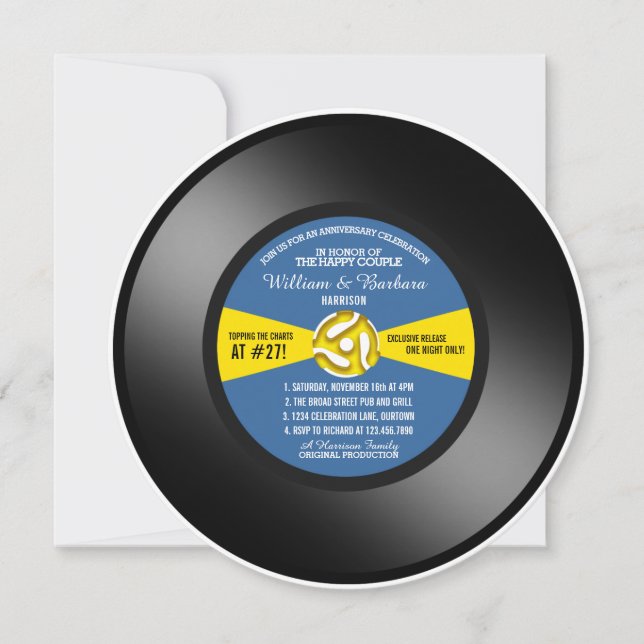 Blue Label Vinyl 45 Record Anniversary Party Invitation (Front)