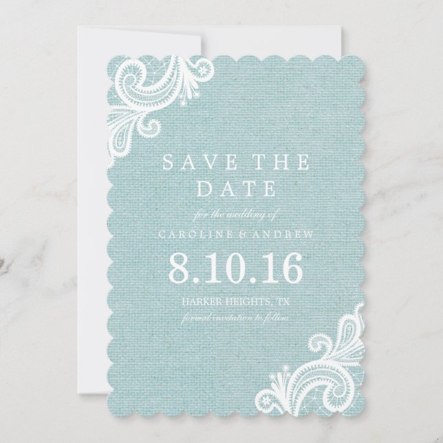 Blue Lace and Burlap Save the Date (Front)