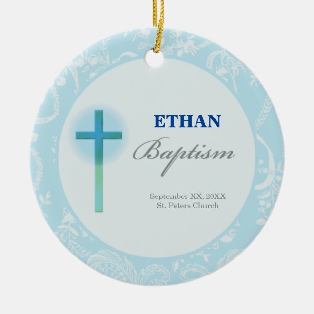 Blue Lace Boy Baptism Ceramic Ornament (Front)