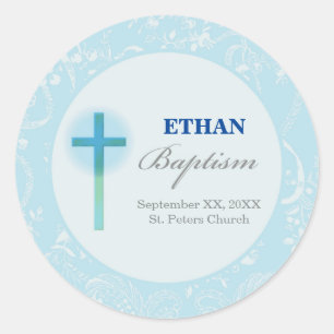 Blue Lace Boy Baptism Classic Round Sticker