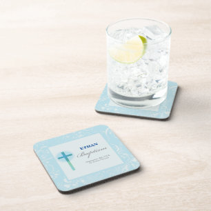 Blue Lace Boy Baptism Coaster