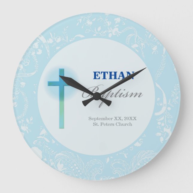 Blue Lace Boy Baptism Large Clock (Front)