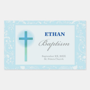 Blue Lace Boy Baptism Rectangular Sticker