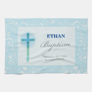 Blue Lace Boy Baptism Tea Towel