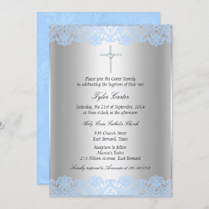 Blue Lace Cross Baptism/Christening Invitation