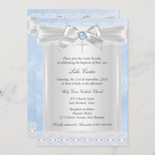 Blue Lace Cross Baptism Christening Invitation (Front/Back)