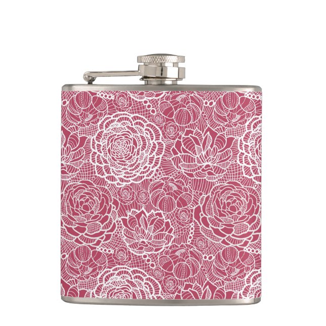 Blue lace flowers pattern background hip flask (Front)