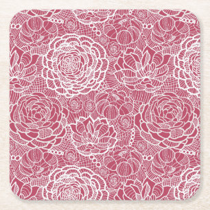 Blue lace flowers pattern background square paper coaster