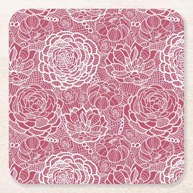 Blue lace flowers pattern background square paper coaster (Front)