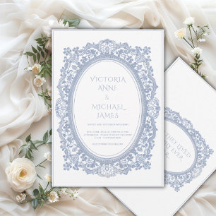 Blue Lace Frame Whimsical Vintage Wedding Invitation