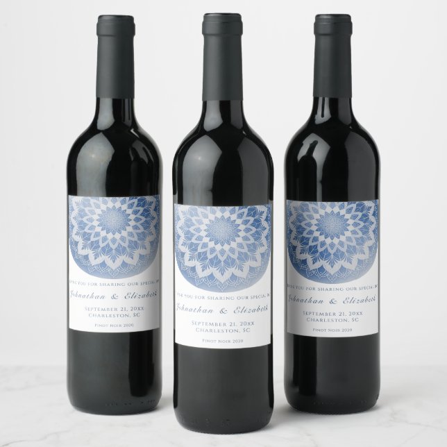 Blue Lace Mandala Wedding Wine Label (Bottles)
