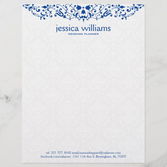 Blue Lace on White Damasks Background Custom Letterhead (Front)