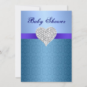 Blue Lace Pattern Diamond Heart Baby Shower Invite