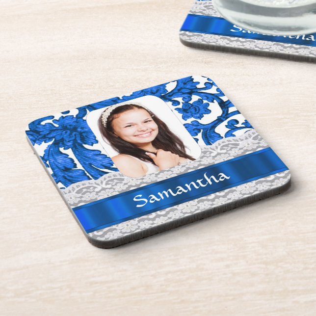 Blue lace photo template coaster (Left Side)