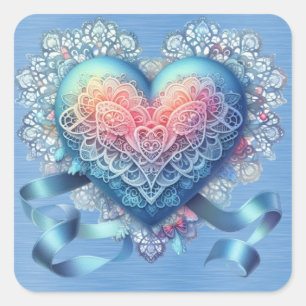 Blue Lace Ribbons Valentine Heart Square Sticker