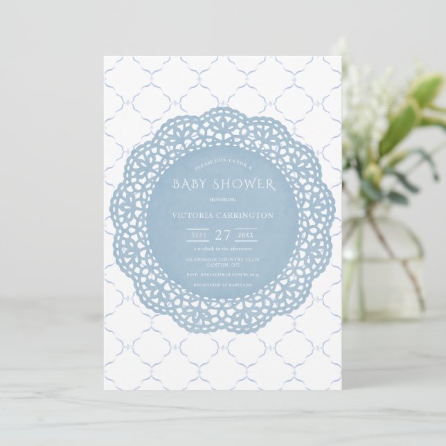 Blue Lace Vintage Baby Shower Invitation (Standing Front)