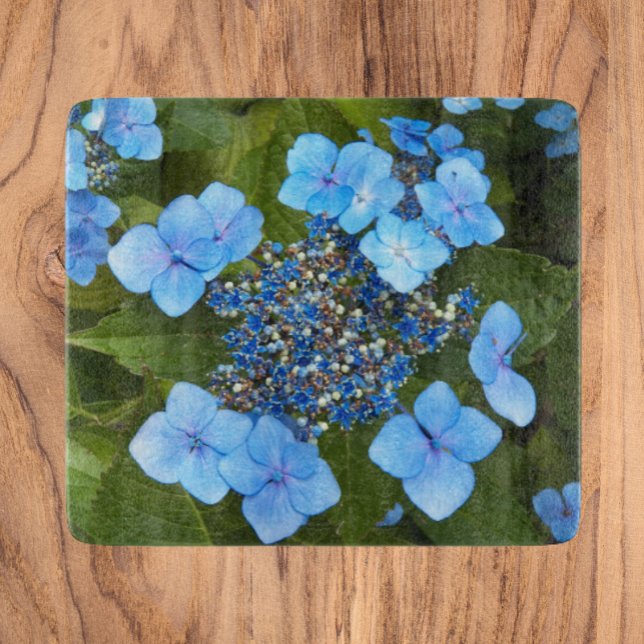 Blue Lacecap Hydrangea Floral Cutting Board (In Situ)