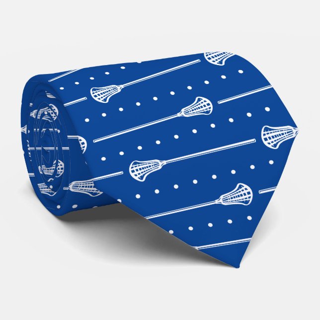 Blue Lacrosse White Sticks & Dotted Lines Pattern Tie (Rolled)