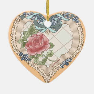 Blue Lacy Ribbon Heart ceramic ornament
