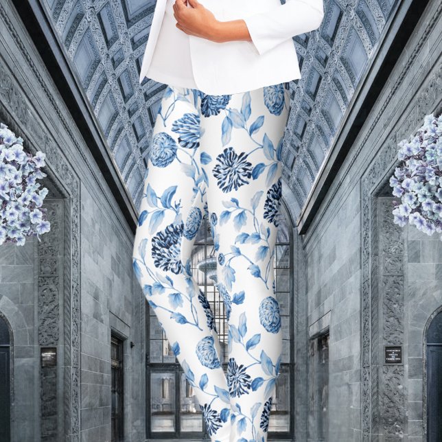 Blue Lady Modern Vintage Botanical Floral Toile Leggings (Creator Uploaded)