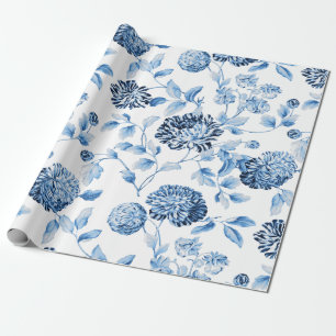 Blue Lady Modern Vintage Large Floral Toile White Wrapping Paper