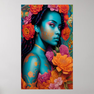 Blue lady with spiral hair poster