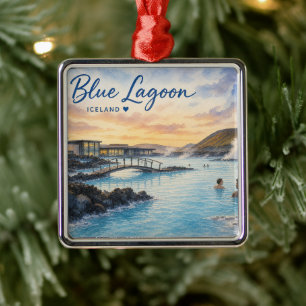 Blue Lagoon Iceland thermal bath watercolor Metal Ornament