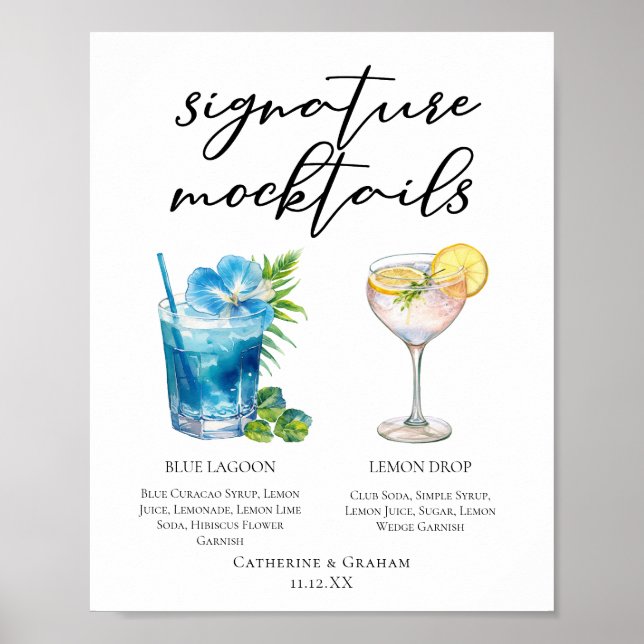 Blue Lagoon Lemon Drop Wedding Mocktails Menu Poster (Front)