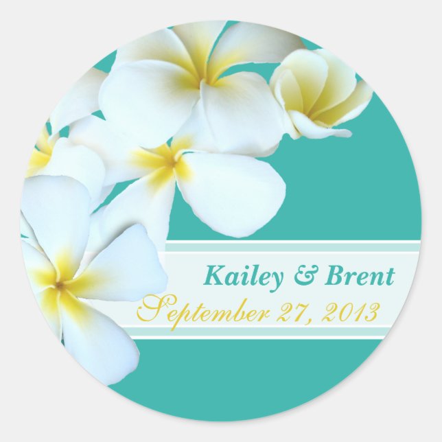 Blue Lagoon Plumeria Round Wedding Sticker (Front)