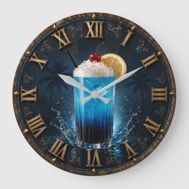 Blue Lagoon Tropical Cocktail Bar Decor Large Clock (Front)