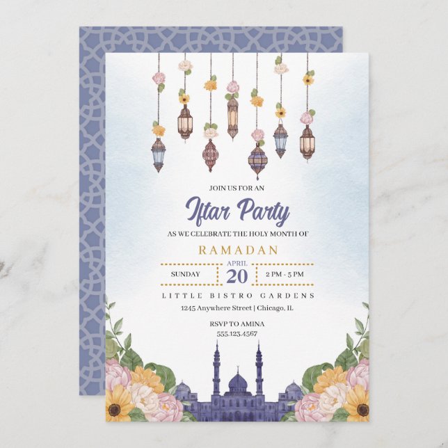 Blue Lantern Iftar Party Ramadan Dinner Invitation (Front/Back)