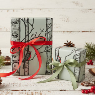 Blue Large Birch Trees and Red Cardinal Birds Wrapping Paper