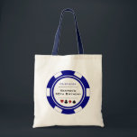 Blue Las Vegas Casino Poker Chip Birthday Tote Bag<br><div class="desc">This blue and white poker chip style tote bag would make a perfect gift for your birthday guests to carry through the night of gambling or a weekend in Las Vegas. Personalise the design with your name and birthdate # in black in the centre, and your text in red on...</div>
