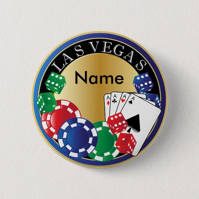 Blue Las Vegas Gambler - Dice, Cards, Poker Chips 6 Cm Round Badge (Front)