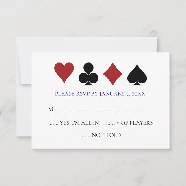 Blue Las Vegas Poker Card Suits Wedding RSVP (Front)