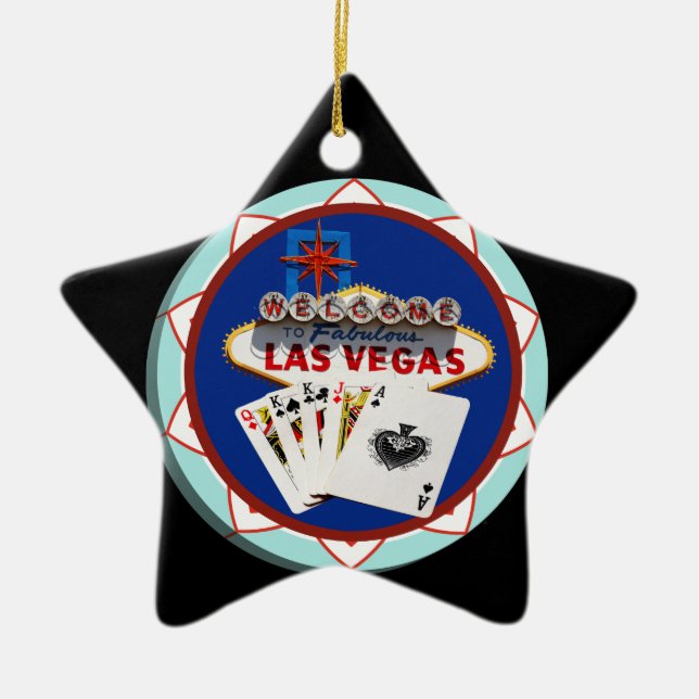 Blue Las Vegas Welcome Sign Poker Chip Ceramic Ornament (Front)