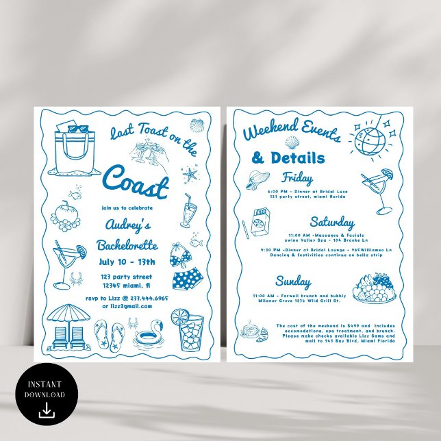 Blue Last Toast On The Coast Bachelorette Weekend Invitation (Creator Uploaded)