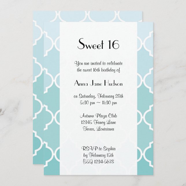 Blue Latticework, Ombre, Quatrefoil, Sweet 16 Invitation (Front/Back)