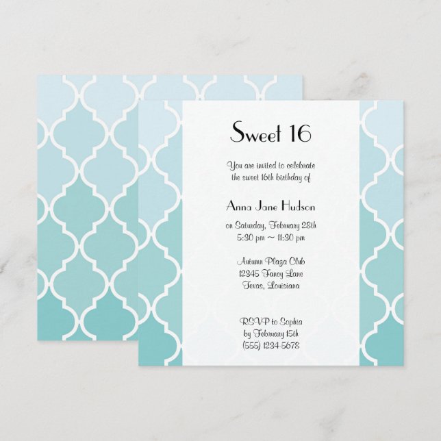 Blue Latticework, Ombre, Quatrefoil, Sweet 16 Invitation (Front/Back)