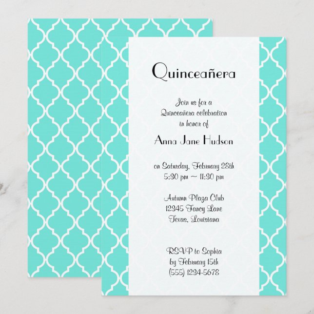 Blue Latticework, Quatrefoil, Trellis, Quinceanera Invitation (Front/Back)