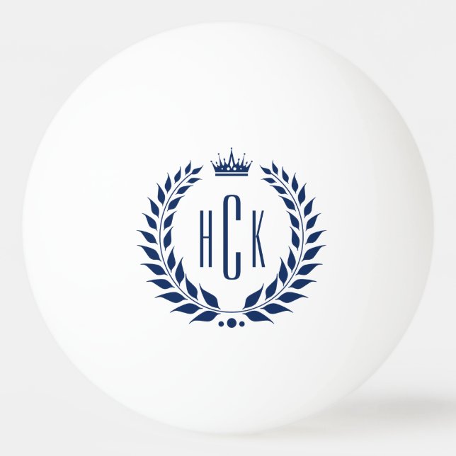 Blue Laurel Wreath Custom Monogram Ping Pong Ball (Front)