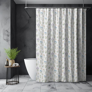 Blue Lavender Boho Watercolor Wildflower Cottage Shower Curtain