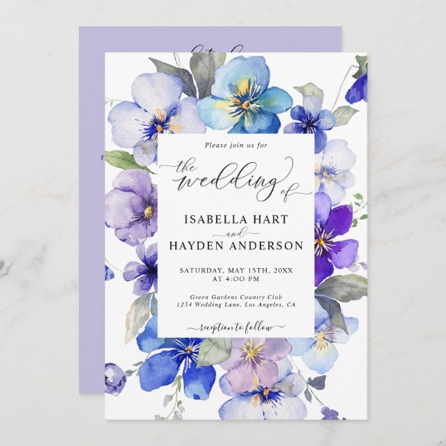 Blue Lavender Floral All In 1 QR Code Wedding Invitation (Front/Back)
