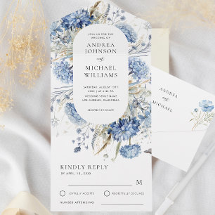 Blue Lavender Floral Watercolor Spring Wedding All In One Invitation
