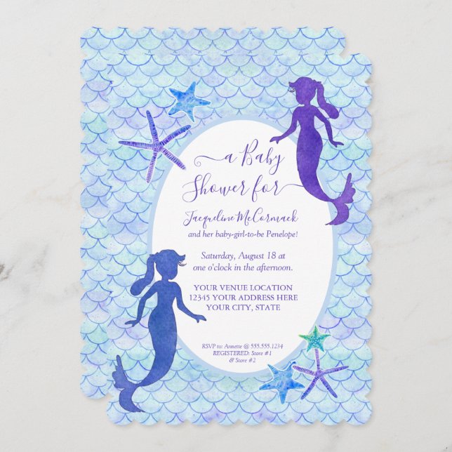 Blue Lavender Mermaid Watercolor Baby Girl Shower Invitation (Front/Back)