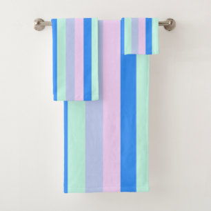 Blue, Lavender, Pink & Pastel Mint Green Stripes Bath Towel Set
