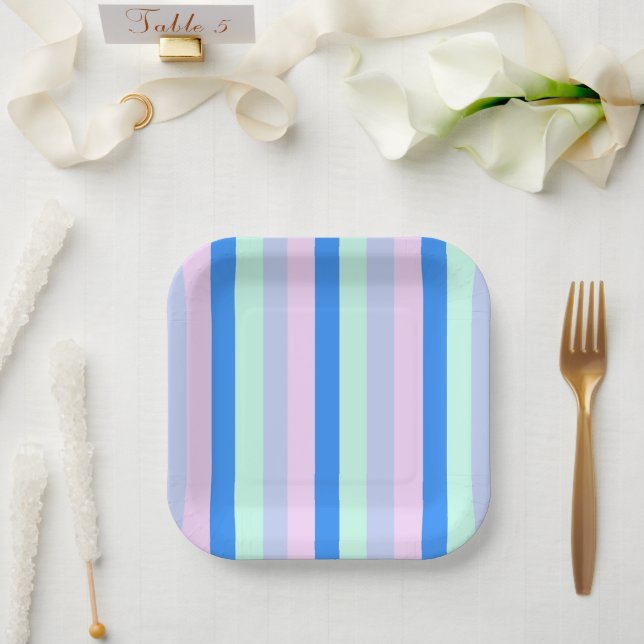 Blue, Lavender, Pink & Pastel Mint Green Stripes Paper Plate (Wedding)