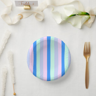 Blue, Lavender, Pink & Pastel Mint Green Stripes Paper Plate