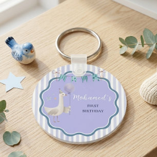 Blue Lavender Silly Goose Boy First Birthday Key Ring